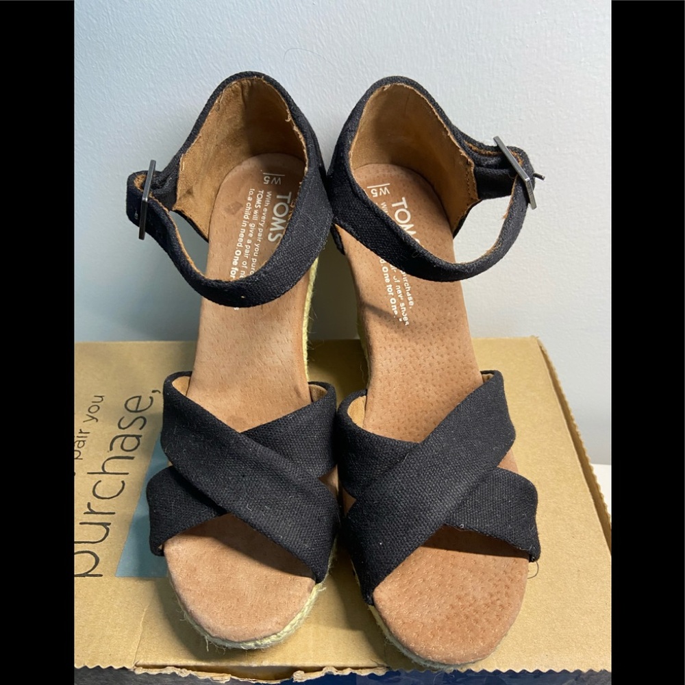 Toms black canvas wedge sandals